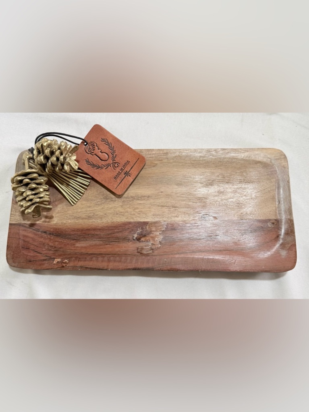 Mini Charcuterie Board Rectangular Wooden Gold Paint Pinecones Made In India